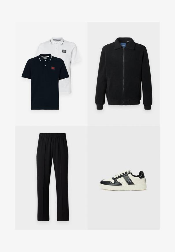 Musta fleece-takki, jossa on vetoketjulla suljettavat, pystykaulus, ribbireunat ja sivutaskut, joissa on teksturoitu pinta.; Kaksi poolopaitaa tummansinisinä ja valkoisina, joissa on lyhyet hihat, klassinen kaulus ja kontrastiväriset raidat kauluksessa.; Mustat, joustavat vyötäröhousut suoralla lahkeella, joissa on sileä pinta ilman näkyviä kuvioita tai metalliosia.; Nahkakengät musta-kerma värimaailmassa, joissa on rei'itetyt yksityiskohdat, pehmustettu nilkkaosa ja teksturoitu pohja.