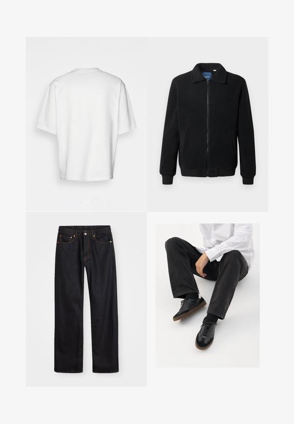 Casaco de polar preto com fecho de correr, gola alta, punhos canelados e bolsos laterais com uma superfície texturizada.; Camiseta branca de manga curta, de corte solto, com gola redonda, tecido de algodão liso, costas sem adornos, barra reta, sem padrões ou detalhes.; Calças de ganga pretas para homem, de pernas retas, com cinco bolsos e costura laranja, fecho de botão e zíper na cintura da frente.; Sneakers pretos com parte superior lisa e texturada, apresentando uma sola de borracha e atacadores escuros. Combinados com jeans pretos e uma camisa branca às riscas.