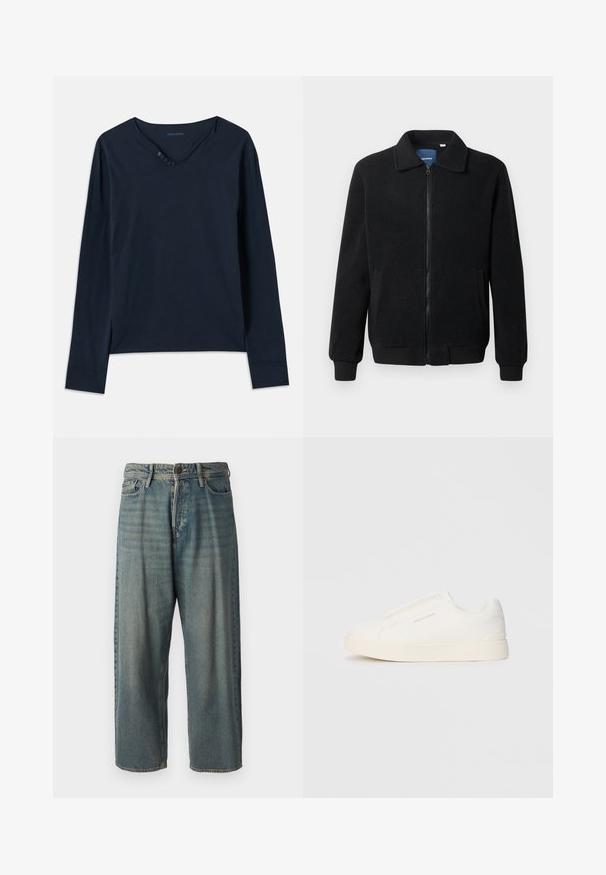 Casaco de polar preto com fecho de correr, gola alta, punhos canelados e bolsos laterais com uma superfície texturizada.; T-shirt de manga longa, azul marinho, feito de algodão suave. Apresenta um decote em V com cinco botões e pequenas fendas laterais na bainha.; Jeans de ganga azul claro com um corte solto, cintura média e pernas retas. Apresenta cinco bolsos, passadores de cinto e fecho com botão.; Sapatilhas brancas de atacar com uma superfície texturizada, sola grossa e design minimalista. Possui o logo da marca na lateral.