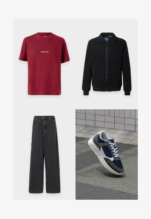 Black fleece jacket featuring a zip closure, stand collar, ribbed cuffs, and side pockets with a textured surface.; Burgundy cotton t-shirt with short sleeves and a crew neck. Features white embroidered text saying "Originals Studio" on the front.; Wide-leg, high-waisted black denim pants with a front button and zipper closure, featuring side pockets and a smooth texture.; Sneaker featuring a navy blue mesh upper, gray suede accents, white rubber sole, and flat white laces, designed for comfort and breathability.