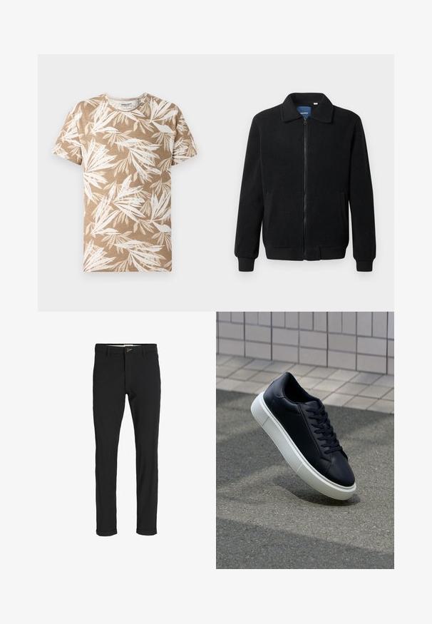 Černá fleecová bunda s zipovým uzávěrem, stojáčkem, vroubkovanými manžetami a bočními kapsami s texturovaným povrchem.; Tričko s krátkým rukávem v světle hnědé barvě s bílým vzorem listů. Měkká látka, kulatý výstřih a volný střih.; Černé kalhoty z bavlněné směsi s úzkým střihem, s knoflíkovým zapínáním, kapsami a ohrnutými manžetami pro uvolněný vzhled.; Černé kožené tenisky s kulatou špičkou a bílou gumovou podrážkou. mají ploché tkaničky a minimální šití na svršku. Texturovaná podrážka pro lepší přilnavost.