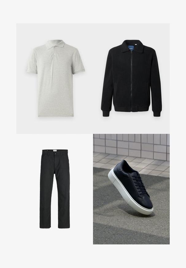 Černá fleecová bunda s zipovým uzávěrem, stojáčkem, vroubkovanými manžetami a bočními kapsami s texturovaným povrchem.; Šedá polo košile vyrobená z měkké bavlny. Obsahuje klasický límeček, tříknoflíkovou légu a krátké rukávy. Hladká textura bez vzorů.; Černé kalhoty vyrobené z odolné tkaniny, s rovnými nohavicemi, šitými akcenty a dvěma předními kapsami pro praktičnost.; Černé kožené tenisky s kulatou špičkou a bílou gumovou podrážkou. mají ploché tkaničky a minimální šití na svršku. Texturovaná podrážka pro lepší přilnavost.