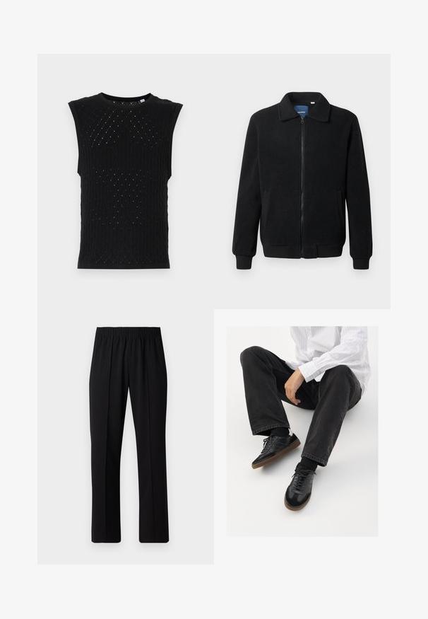 Black fleece jacket featuring a zip closure, stand collar, ribbed cuffs, and side pockets with a textured surface.; Black sleeveless knit top featuring a textured pattern with diamond shapes and small holes. Includes a round neckline and ribbed edges.; Black, elastic-waist trousers with a straight-leg design, featuring a smooth texture and no visible patterns or hardware.; Black sneakers with a smooth and textured upper, featuring a rubber sole and dark laces. Paired with black jeans and a white striped shirt.