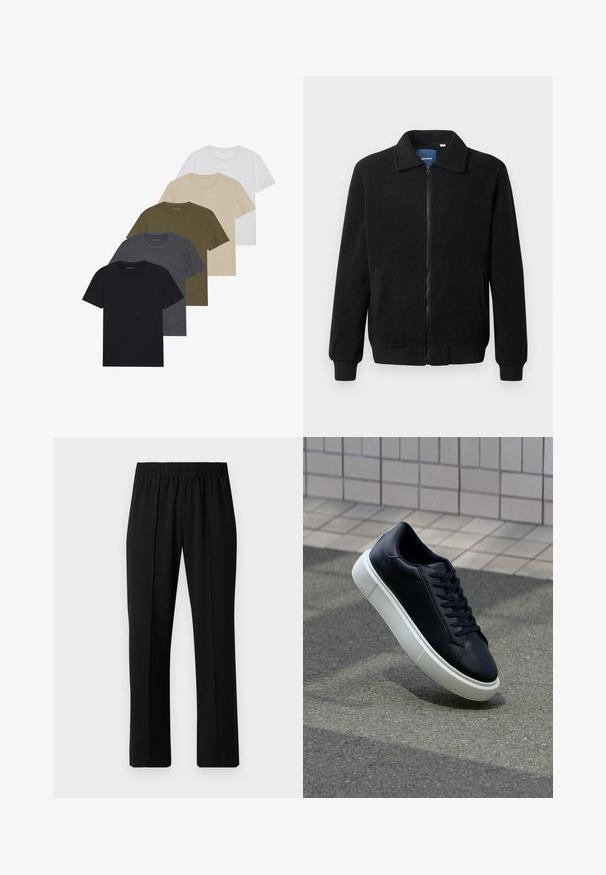 Čierna flísová bunda s uzáverom na zips, stojatým golierom, rebrovanými manžetami a bočnými vreckami s textúrovaným povrchom.; Päť tričiek s okrúhlym výstrihom usporiadaných v gradientnom prechode: čierna, tmavošedá, olivovo zelená, béžová a biela. Vyrobené z mäkkej, priedušnej tkaniny.; Čierne nohavice s elastickým pásom a rovnými nohavicami, majú hladkú textúru a žiadne viditeľné vzory ani kovové doplnky.; Čierne kožené tenisky s okrúhlou špičkou a bielou gumovou podrážkou. Majú ploché šnúrky a minimálne šitie na vrchu. Textúrovaná podrážka pre lepšiu priľnavosť.