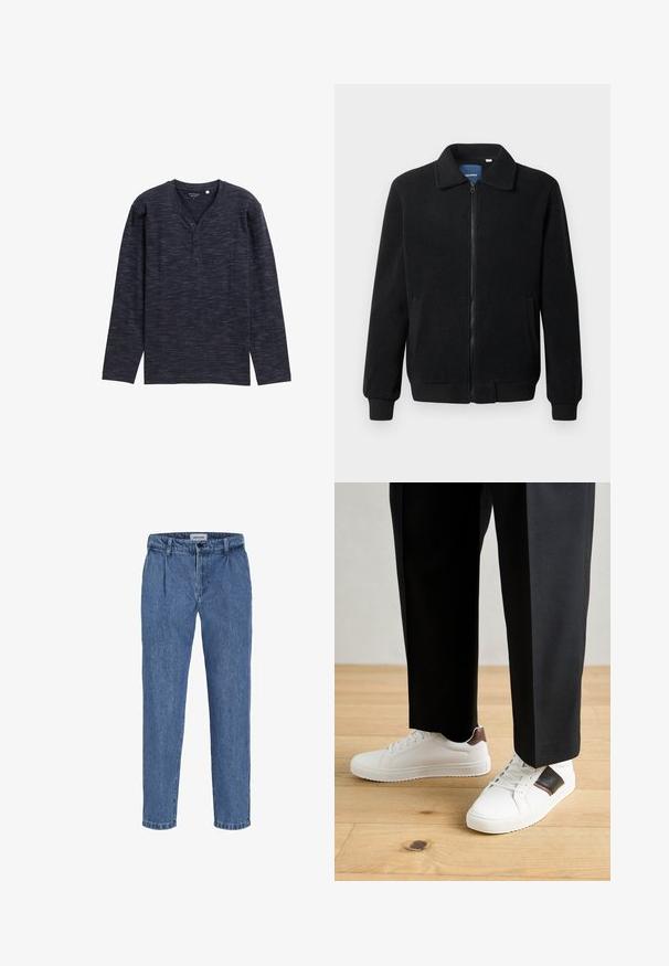 Giacca in pile nera con chiusura zip, colletto alto, polsini a coste e tasche laterali con superficie strutturata.; Maglietta henley a maniche lunghe di colore blu scuro con un motivo testurizzato, dotata di scollatura a V e patta con tre bottoni. Tessuto morbido.; Pantaloni in denim azzurro chiaro con taglio morbido, presentano un'alta vita, due pieghe frontali e un orlo con risvolto. Chiusura semplice con bottone e zip.; Sneakers bianchi dalla texture liscia, con dettagli in pelle marrone e particolari neri, abbinati a pantaloni neri su misura. Sfondo in parquet.