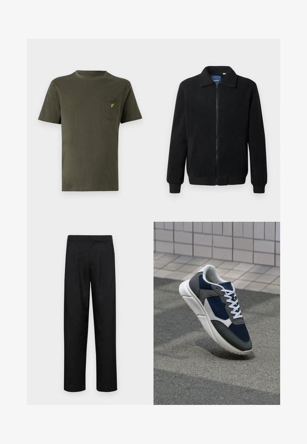 Casaco de polar preto com fecho de correr, gola alta, punhos canelados e bolsos laterais com uma superfície texturizada.; T-shirt de algodão verde-azeitona com decote redondo, mangas curtas e um bolso no lado esquerdo do peito com um pequeno logótipo amarelo. Textura suave.; Calças pretas feitas de tecido suave, com um design de perna reta, dois pregas frontais e uma cintura padrão com passantes para cinto.; Sapatilha com parte superior em malha azul-marinho, detalhes em camurça cinza, sola de borracha branca e atacadores brancos planos, projetada para conforto e respirabilidade.