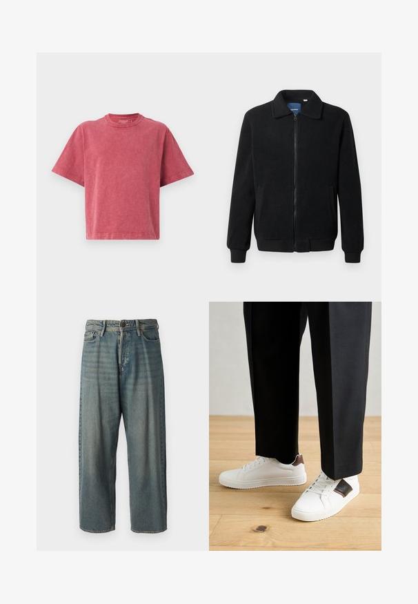 Musta fleece-takki, jossa on vetoketjulla suljettavat, pystykaulus, ribbireunat ja sivutaskut, joissa on teksturoitu pinta.; Punainen puuvillapaita, jossa on pyöreä kaula-aukko, lyhyet hihat ja rento istuvuus. Ominaisuuksiin kuuluu pehmeä, hieman teksturoitu pinta.; Vaaleansiniset farkut, joissa on väljä istuvuus, keskikorkea vyötärö ja suorat lahkeet. Ominaisuuksiin kuuluvat viisi taskua, vyölenkit ja nappisulku.; Valkoiset tennarit, joissa on sileä pinta, ruskealla nahka-akentilla ja mustilla yksityiskohdilla, yhdistetty mustiin räätälöityihin housuihin. Taustalla puulattia.