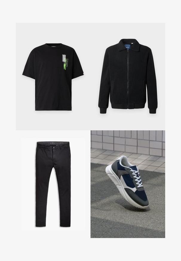 Black fleece jacket featuring a zip closure, stand collar, ribbed cuffs, and side pockets with a textured surface.; Black cotton t-shirt with a crew neck. Features a green graphic design with text on the left chest area. Short sleeves and relaxed fit.; Black cotton chinos with a tapered fit, featuring five pockets, belt loops, and a smooth texture. Zip fly with a button closure.; Sneaker featuring a navy blue mesh upper, gray suede accents, white rubber sole, and flat white laces, designed for comfort and breathability.