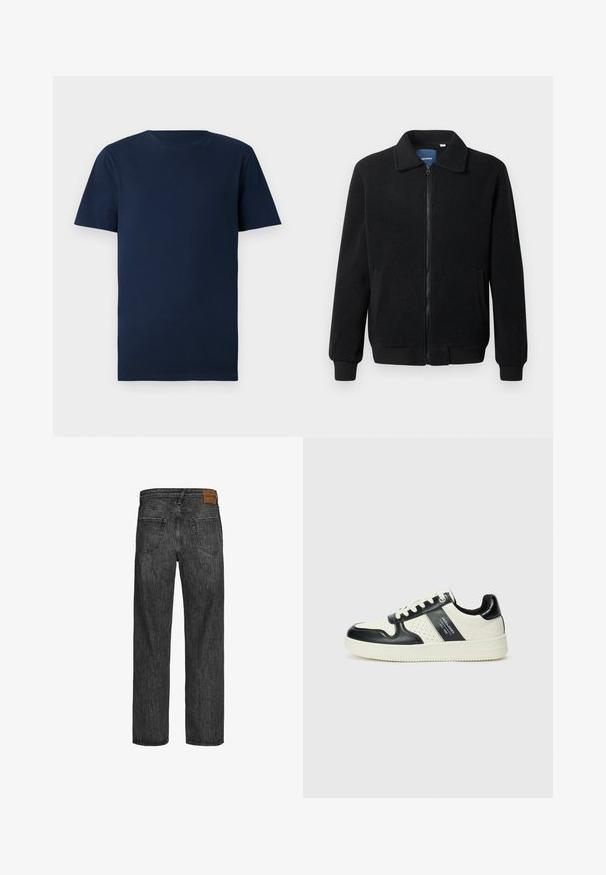 Sort fleecejakke med lynlås, opretstående krave, ribbede manchetter og sidelommer med en tekstureret overflade.; Marineblå bomulds t-shirt med korte ærmer, rund halsudskæring og almindelig pasform. Glat tekstur, ingen mønstre eller synligt hardware.; Sorte denimjeans med lige ben-design, fem lomme-stil og et brunt lædermærke ved taljen. Tekstureret stof med syningerdetaljer.; Lædersneakers i sort og creme farveskema, med perforerede detaljer, en polstret krave og en struktureret ydersål.