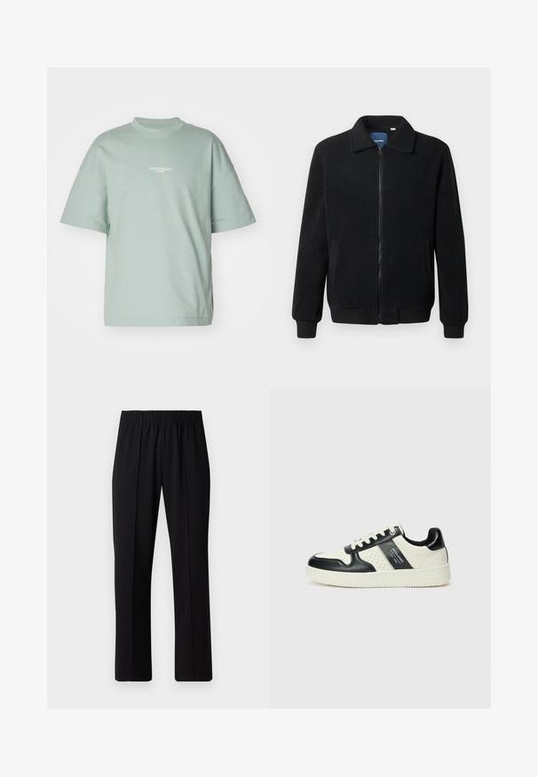 Giacca in pile nera con chiusura zip, colletto alto, polsini a coste e tasche laterali con superficie strutturata.; Maglietta oversized verde chiaro in cotone morbido, con maniche corte e scollo rotondo, con la scritta "ORIGINALS est. 1990" stampata in bianco.; Pantaloni neri con vita elasticizzata e design a gamba dritta, caratterizzati da una texture liscia e senza motivi o hardware visibili.; Sneakers in pelle con una combinazione di colori nero e crema, dotati di dettagli perforati, collare imbottito e suola testurizzata.