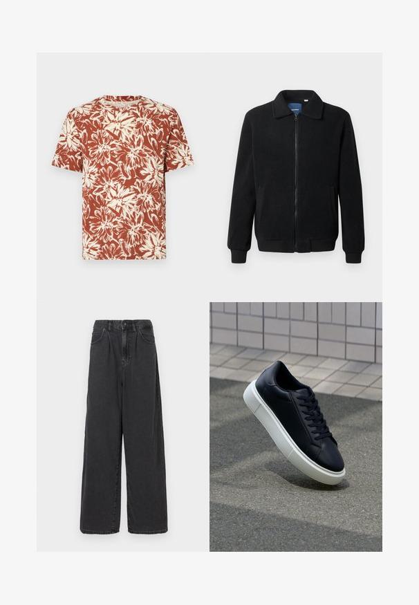 Casaco de polar preto com fecho de correr, gola alta, punhos canelados e bolsos laterais com uma superfície texturizada.; T-shirt de mangas curtas em vermelho-alaranjado com estampa floral em creme, apresentando um decote redondo e um corte descontraído. Feita de tecido leve.; Calças de ganga pretas de perna larga e cintura alta, com fecho frontal de botão e zipper, apresentando bolsos laterais e uma textura suave.; Sapatilha de couro preto com bico arredondado e sola de borracha branca. Apresenta atacadores planos e costuras mínimas na parte superior. Sola texturizada para melhor aderência.