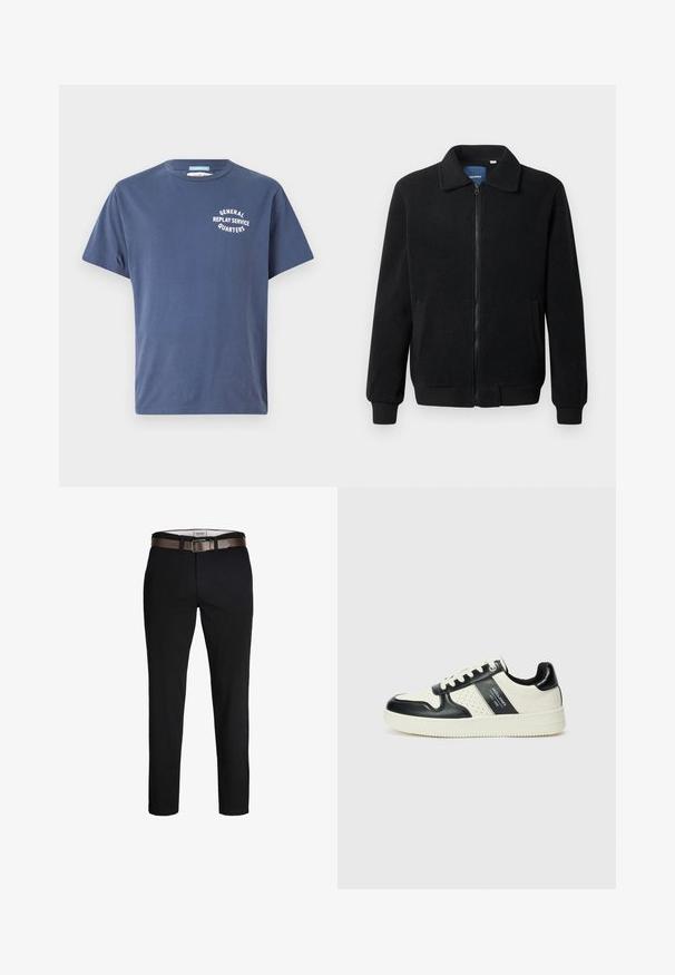 Melnā vilnas jaka ar rāvējslēdzēju, stāvošu apkakli, ribotām piedurknēm un sānu kabatām ar teksturētu virsmu.; Tums zilā krāsā izgatavota kokvilnas T-krekls ar īsām piedurknēm, uz kreisā krūšu apgabala ar baltu grafiku uzraksts "GENERAL REPLAY SERVICE QUARTERS".; Melni kokvilnas bikses ar taisnu piegriezumu, kurām ir brūns ādas josta un gluda tekstūra. Vienkāršs dizains, bez redzamām rakstām vai akcentiem.; Ādas sporta apavi ar melnbaltu krāsu shēmu, ar perforētiem akcentiem, mīkstinātu apkakli un teksturētu zoli.