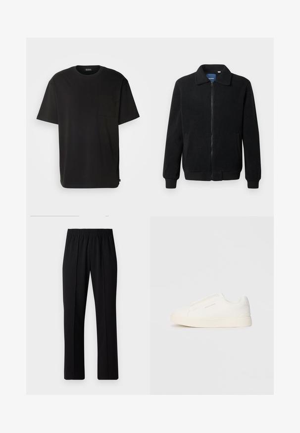 Fekete bolyhos dzseki cipzárral, állógallérral, bordázott mandzsettákkal és oldalzsebekkel, textúrált felülettel.; Fekete, rövid ujjú póló, pamutból készült. Mellzsebével és laza szabásával rendelkezik. Egyszerű dizájn, látható minták vagy díszek nélkül.; Fekete, gumíros derekú nadrág egyenes szabással, sima felülettel, látható minták vagy fémrészek nélkül.; Fehér slip-on sportcipők texturált felülettel, vastag talppal és minimalista dizájnnal. Az oldalon a márka logója található.
