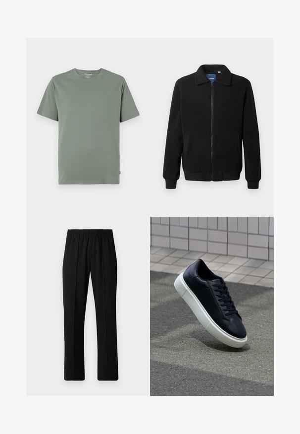 Juodas fliso džemperis su užtrauktuku, stovinčia apykakle, gumuotais rankogaliais ir šoninėmis kišenėmis, turinčiomis tekstūruotą paviršių.; Trumpas rankovėmis marškinėliai šviesiai žalia spalva, pagaminti iš minkštos medžiagos, su apvalia iškerpimu ir siūtu kraštu, be matomų raštų ar dizainų.; Juodos, elastingos juosmens kelnės su tiesiomis kojomis, turinčios lygų paviršių ir be matomų raštų ar detalių.; Juodas odinis sportbačius su apvaliu pirštu ir baltu gumuotu padu. Turi plokščias raišteles ir minimalų siuvimą viršuje. Padangos tekstūra užtikrina sukibimą.