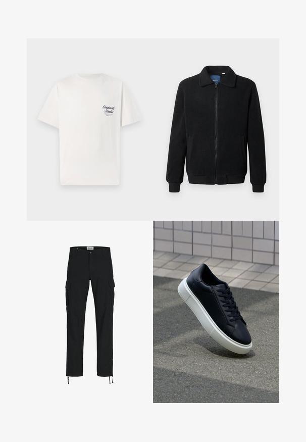 Melnā vilnas jaka ar rāvējslēdzēju, stāvošu apkakli, ribotām piedurknēm un sānu kabatām ar teksturētu virsmu.; Baltais kokvilnas T-krekls ar īsām piedurknēm, ar mazu tumši zilu drukātu logotipu kreisajā krūšu daļā. Klasiska apaļā kakla dizains.; Melni cargo bikses ar taisnu piegriezumu, ar sānu kabatām, pogu aizdari un elastīgām auklām pie potītēm. Izgatavotas no izturīga auduma.; Melnas ādas kedas ar noapaļotu pirkstu un baltu gumijas zoli. Iespējas - plakanas šņorītes un minimāla apdare augšdaļā. Struktūrēta zole, lai nodrošinātu saķeri.