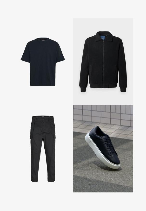Črna flis jakna z zadrgo, stoječim ovratnikom, rebrastimi zapestji in stranskimi žepi s teksturirano površino.; Kraljevsko modra pamučna majica s kratkimi rokavi in krojnim ovratnikom, sproščenega kroja. Gladka tekstura brez vidnih vzorcev ali akcentov.; Črne cargo hlače iz trdnega blaga, ki imajo več žepov, gumbasto zapiranje in ozek kroj z zožanimi nogami.; Črne usnjene superge z zaobljenim prstom in belim gumijastim podplat. Imajo ravne vezalke in minimalno šivanje na zgornjem delu. Teksturirani podplat za oprijem.