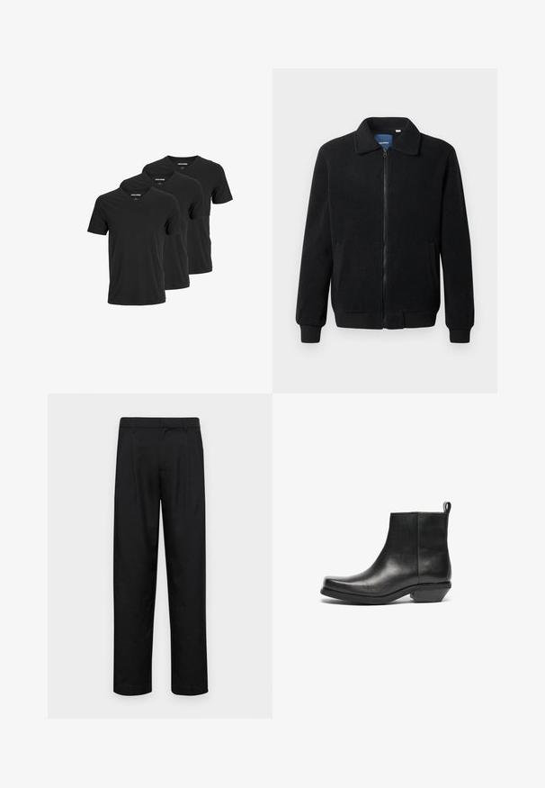 Schwarze Fleecejacke mit Reißverschluss, Stehkragen, gerippten Bündchen und seitlichen Taschen mit strukturiertem Oberflächenmaterial.; Schwarze Baumwoll-V-Ausschnitt-T-Shirts mit kurzen Ärmeln und normaler Passform, präsentiert im Dreierpack. Glatte Textur, keine Muster oder Akzente.; Schwarze Hose aus glattem Stoff, mit geradem Bein Design, zwei vorderen Falten und einem Standardbund mit Gürtelschlaufen.; Schwarze Leder-Ankle Boots mit spitz zulaufender Zehenpartie und niedrigem Blockabsatz. Elegantes Design mit glatter Oberfläche und Zuglasche für ein einfaches An- und Ausziehen.