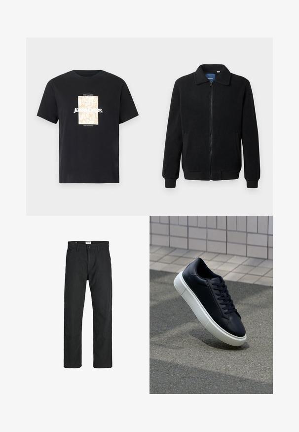 Černá fleecová bunda s zipovým uzávěrem, stojáčkem, vroubkovanými manžetami a bočními kapsami s texturovaným povrchem.; Černé bavlněné tričko s kulatým výstřihem. Na přední straně se nachází béžová obdélníková grafika a bílý text "JAWO" vycentrovaný uprostřed. Krátké rukávy.; Černé kalhoty vyrobené z odolné tkaniny, s rovnými nohavicemi, šitými akcenty a dvěma předními kapsami pro praktičnost.; Černé kožené tenisky s kulatou špičkou a bílou gumovou podrážkou. mají ploché tkaničky a minimální šití na svršku. Texturovaná podrážka pro lepší přilnavost.