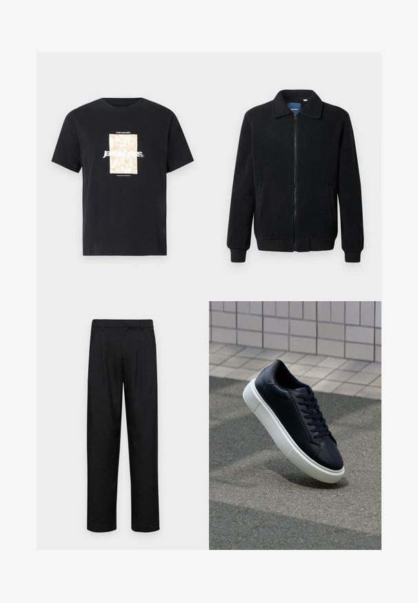 Crni flis jakna s zatvaranjem na zip, stojećim ovratnikom, rebrastim manžetama i bočnim džepovima s teksturiranom površinom.; Crna pamučna majica s okruglim izrezom. Ima bež pravokutni grafički prikaz i bijeli tekst "JAWO" centriran sprijeda. Kratki rukavi.; Crne hlače od glatkog materijala, s dizajnom ravnih nogavica, dva prednja nabora i standardnim pojasom s petljama za remen.; Crne kožne tenisice s zaobljenim vrhom i bijelim gumiranim potplatom. Imaju ravne vezice i minimalno šivanje na gornjem dijelu. Teksturirani potplat za bolje prianjanje.