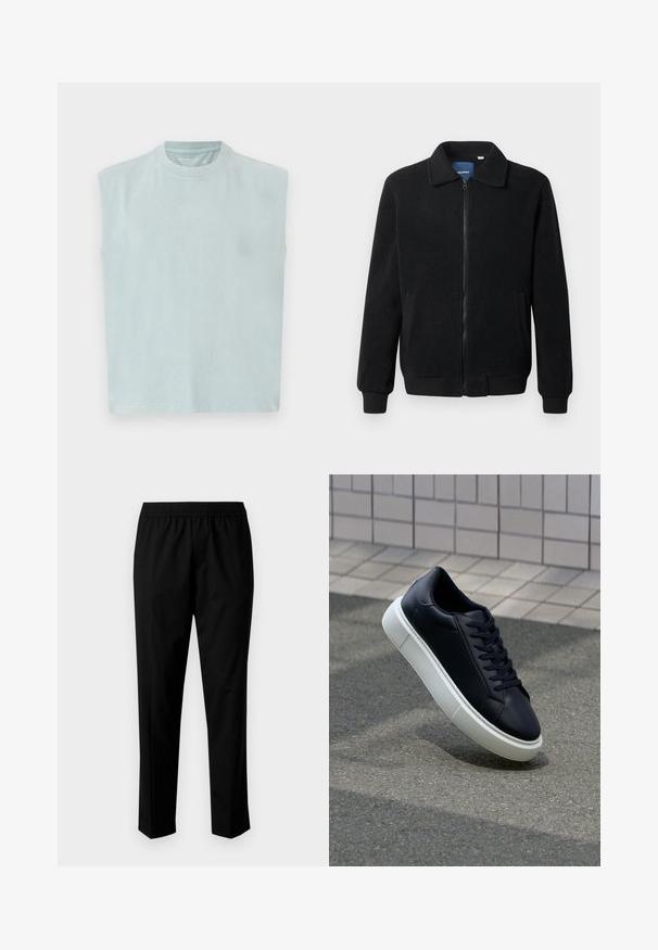 Schwarze Fleecejacke mit Reißverschluss, Stehkragen, gerippten Bündchen und seitlichen Taschen mit strukturiertem Oberflächenmaterial.; Hellblaues ärmelloses T-Shirt mit rundem Ausschnitt, aus weichem Stoff gefertigt, mit geradem Schnitt und minimalistischem Design.; Schwarze Hose mit einem elastischen Bund und einem geraden Bein Design. Der Stoff wirkt glatt mit einer matten Textur, ohne sichtbare Muster.; Schwarze Leder-Sneaker mit runder Zehenpartie und weißer Gummisohle. Verfügt über flache Schnürsenkel und minimale Nähte im Obermaterial. Strukturiertes Sohlenprofil für besseren Halt.