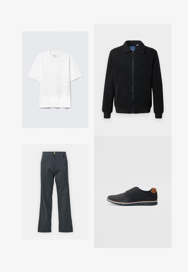 Musternahk fleece-jakk musternahaga, tõmblukk, seisev kaelus, soonikkoes varrukad ja küljetaskud tekstuurse pinnaga.; Lame valge lühikeste varrukatega vabalt lõigatud T-särk, millel on helehall taust.; Mustad püksid sirge säärega, valmistatud puuvillasegistuse kangast. Omavad metallist nööbiga sulgemist ja küljetaskuid. Ilma nähtavate mustriteta.; Mustavad sünteetilised jalatsid tekstureeritud pealsega, siledad aktsendid, pruun kand ja kontrastne tall. Omab minimaalset lukkude ja õmbluste dekoratsiooni.