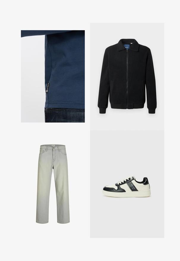 Musta fleece-takki, jossa on vetoketjulla suljettavat, pystykaulus, ribbireunat ja sivutaskut, joissa on teksturoitu pinta.; Tummansininen pitkähihaine paita, joka on valmistettu pehmeästä kankaasta. Paitassa on logo-etiketti sivussa ja se on muotoiltu istuvaksi sileän pinnan kanssa.; Vaaleanharmaat suorat farkut, joissa on klassinen viisi taskua -muotoilu, nappikiinnitys ja vyölenkit. Valmistettu denimpintakankaasta, jolla on sileä rakenne.; Nahkakengät musta-kerma värimaailmassa, joissa on rei'itetyt yksityiskohdat, pehmustettu nilkkaosa ja teksturoitu pohja.
