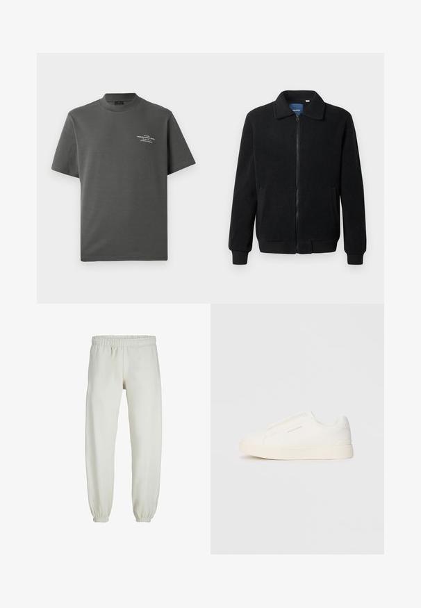 Melnā vilnas jaka ar rāvējslēdzēju, stāvošu apkakli, ribotām piedurknēm un sānu kabatām ar teksturētu virsmu.; Jack & Jones PREMIUM JPRBLACHAD BRANDING CREW NECK TEE - Apdrukāts T-krekls - volcanic ash; Baltas treniņbikses, izgatavotas no mīkstas auduma, ar elastīgu jostu un piedurknēm, gluda tekstūra un brīva piegriezuma dizains.; Baltas slip-on sporta apavi ar teksturētu virsmu, biezu zoli un minimālistisku dizainu. Sānos redzams zīmola logotips.