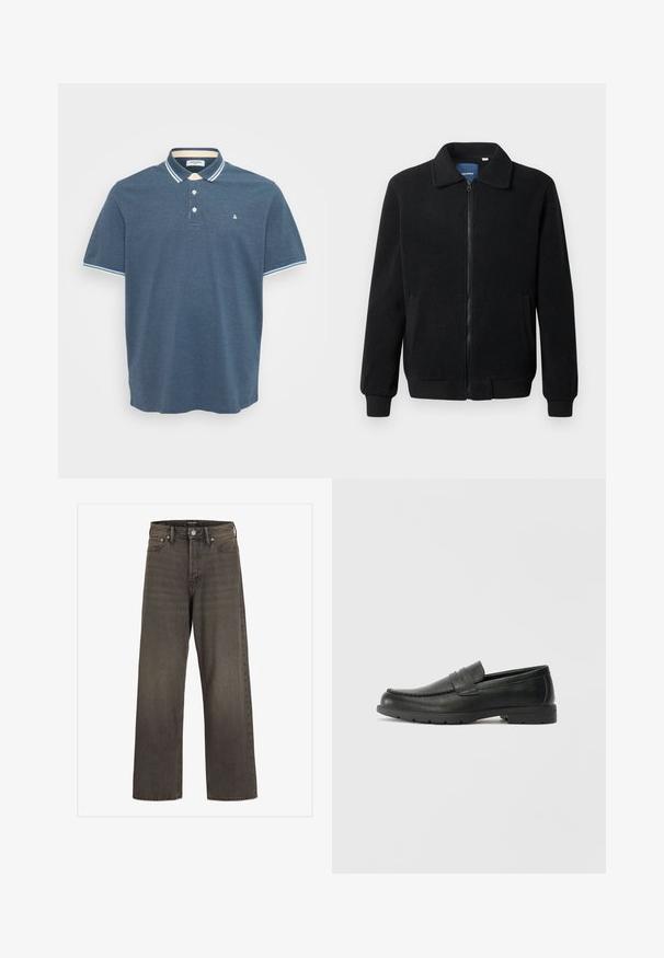 Sort fleecejakke med lynlås, opretstående krave, ribbede manchetter og sidelommer med en tekstureret overflade.; Herre blå kortærmet polo skjorte med hvid og lyseblå stribede krave og ærmekanter, tre frontknapper og lille logo på brystet.; Bredde ben jeans i mørkegrå denim med høj talje, klassisk fem-lommer design og kontrasterende syninger langs sømmene.; Sorte læderslippers med en glat finish, mokkasin-stil overdel, syninger og gummisål. Klassisk design med en lav hæl.