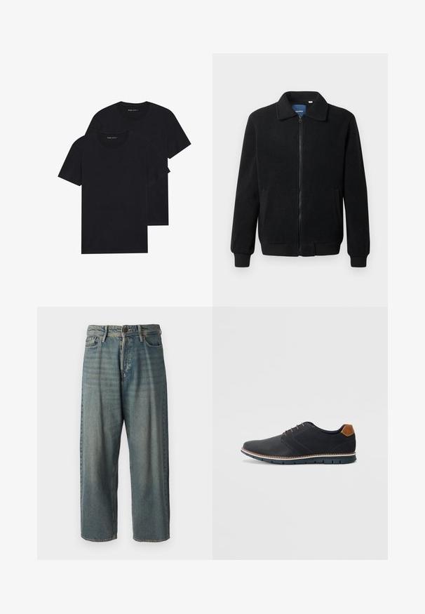 Black fleece jacket featuring a zip closure, stand collar, ribbed cuffs, and side pockets with a textured surface.; Two black crew neck t-shirts stacked. Made of soft cotton, short sleeves, with a simple design and no visible patterns or embellishments.; Light blue denim jeans with a loose fit, mid-rise waist, and straight legs. Features five pockets, belt loops, and a button closure.; Black synthetic shoes with a textured upper, smooth accents, brown heel, and a contrasting sole. Features minimal lacing and stitch details.