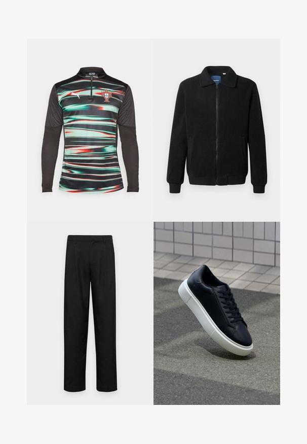 Schwarze Fleecejacke mit Reißverschluss, Stehkragen, gerippten Bündchen und seitlichen Taschen mit strukturiertem Oberflächenmaterial.; Puma Langarm-Sportshirt mit grünen und roten horizontalen Streifen auf Schwarz, einem Viertelreißverschluss-Kragen und einem Portugal-Abzeichen auf der Brust.; Schwarze Hose aus glattem Stoff, mit geradem Bein Design, zwei vorderen Falten und einem Standardbund mit Gürtelschlaufen.; Schwarze Leder-Sneaker mit runder Zehenpartie und weißer Gummisohle. Verfügt über flache Schnürsenkel und minimale Nähte im Obermaterial. Strukturiertes Sohlenprofil für besseren Halt.