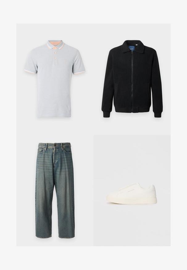 Črna flis jakna z zadrgo, stoječim ovratnikom, rebrastimi zapestji in stranskimi žepi s teksturirano površino.; Svetlo siva polo majica s kratkimi rokavi, breskvin ovratnik in manšete z belimi detajli, tri gumbe, izvezen logotip na prsih.; Svetlomoderne kavbojke z ohlapnim krojem, srednjim pasom in ravnimi nogami. Imajo pet žepov, zanke za pas in zapiranje na gumb.; Bele zapete brez vezalk z teksturirano površino, debelim podplatom in minimalističnim dizajnom. Na strani se nahaja logotip blagovne znamke.