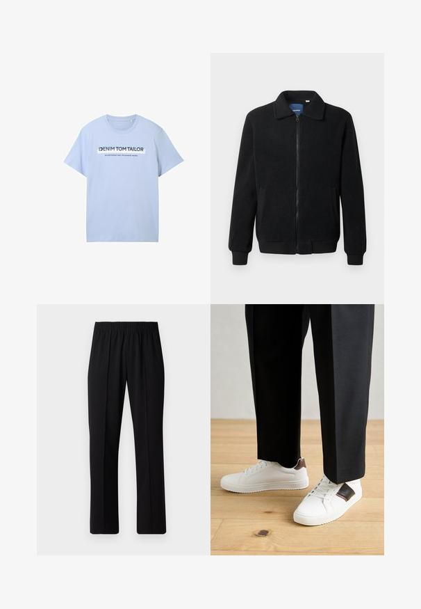 Black fleece jacket featuring a zip closure, stand collar, ribbed cuffs, and side pockets with a textured surface.; Light blue cotton t-shirt featuring short sleeves and a crew neckline. Front graphic includes "DENIM TOM TAILOR" and "established two thousand seven."; Black, elastic-waist trousers with a straight-leg design, featuring a smooth texture and no visible patterns or hardware.; White sneakers with smooth texture, featuring brown leather accents and black detailing, paired with black tailored pants. Wooden floor background.