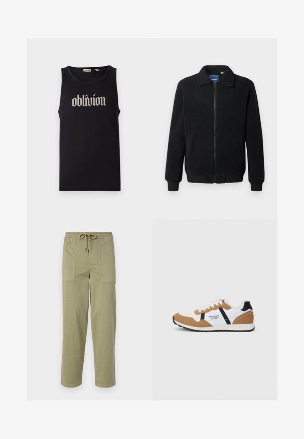 Casaco de polar preto com fecho de correr, gola alta, punhos canelados e bolsos laterais com uma superfície texturizada.; Camiseta preta sem mangas em algodão, com um ousado texto em estilo gótico branco "oblivion" centrado na frente. Textura suave, design sem mangas.; Calças verde-oliva claras feitas de um tecido de algodão misto, com um cós elástico com cordão e dois bolsos laterais grandes.; Sapatilha de estilo retro com parte superior em suede branco e bege, detalhes em preto, atacadores brancos e logo "Jack & Jones EST. 1990" na lateral.