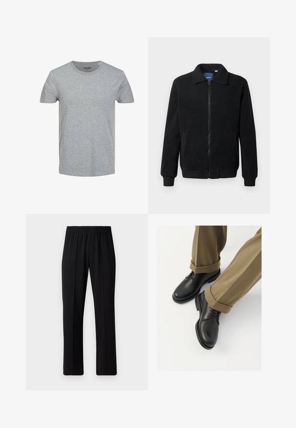 Chaqueta de forro polar negra con cierre de cremallera, cuello alzado, puños acanalados y bolsillos laterales con una superficie texturizada.; Camiseta gris de manga corta hecha de suave algodón. Presenta un cuello redondo clásico y un corte regular. Diseño sencillo sin patrones ni acentos.; Pantalones negros con cintura elástica y diseño de pierna recta, con una textura suave y sin patrones o herrajes visibles.; Zapatos de dress de cuero negro con un acabado suave, con cordones y punta redondeada, combinados con pantalones caqui arremangados.