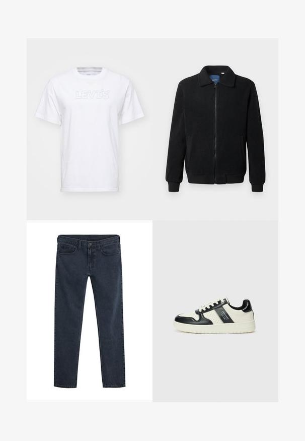 Chaqueta de forro polar negra con cierre de cremallera, cuello alzado, puños acanalados y bolsillos laterales con una superficie texturizada.; Camiseta de algodón blanca con mangas cortas y cuello redondo. Presenta un logotipo en relieve de "LEVI'S" en azul claro en el pecho.; Vaqueros de mezclilla azul oscuro con un corte slim, diseño de cinco bolsillos, cierre con botón y una textura sutilmente desgastada en toda la tela.; Zapatillas de cuero con un esquema de colores negro y crema, que cuentan con acentos perforados, un collar acolchado y una suela texturizada.