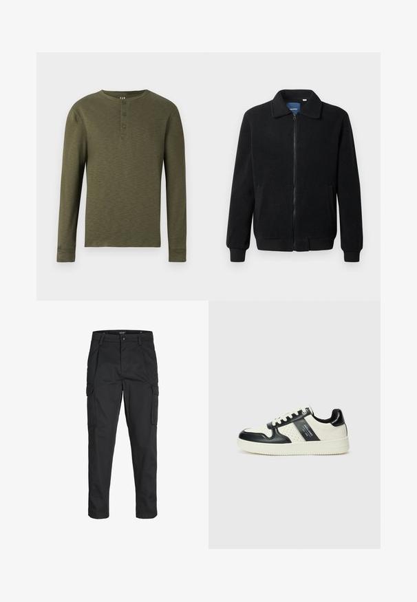 Black fleece jacket featuring a zip closure, stand collar, ribbed cuffs, and side pockets with a textured surface.; Long-sleeve olive green henley shirt with a crew neck, three buttons at the collar, and a textured fabric finish.; Black cargo pants made of sturdy fabric, featuring multiple pockets, a button closure, and a slim fit design with tapered legs.; Leather sneakers with a black and cream color scheme, featuring perforated accents, a padded collar, and a textured outsole.