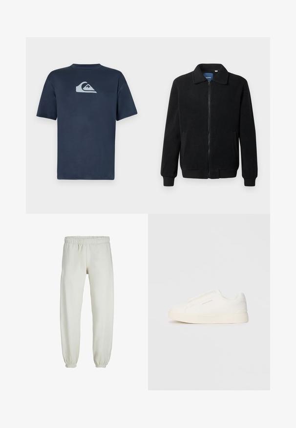 Čierna flísová bunda s uzáverom na zips, stojatým golierom, rebrovanými manžetami a bočnými vreckami s textúrovaným povrchom.; Námornícky modré bavlnené tričko s krátkymi rukávmi, s svetlo šedým logom na hrudi. Hladká textúra, dizajn s okrúhlym výstrihom a bežné strih.; Biele teplákové nohavice vyrobené z mäkkej textílie, s elastickým pásom a manžetami, s hladkým povrchom a voľným strihom.; Biele slip-on tenisky s textúrovaným povrchom, hrubou podrážkou a minimalistickým dizajnom. Obsahuje logo značky na boku.