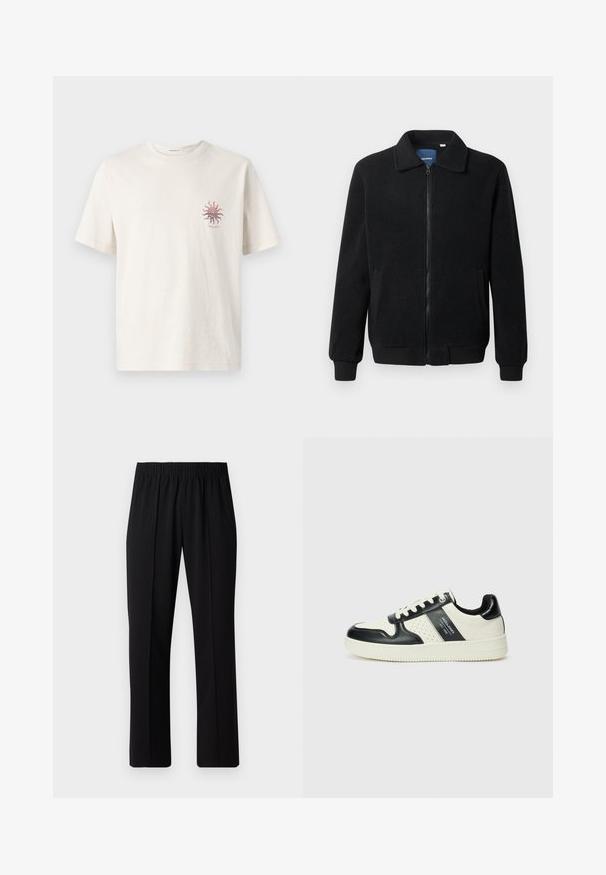Melnā vilnas jaka ar rāvējslēdzēju, stāvošu apkakli, ribotām piedurknēm un sānu kabatām ar teksturētu virsmu.; Kreemkrāsas kokvilnas T-kreklis ar īsām piedurknēm, ar mazu sarkanu saules grafiku kreisajā krūtīs. Standarta apaļā kakla dizains.; Melni elastīgi bikses ar taisnas kājas dizainu, ar gludu tekstūru un bez redzamām zīmēm vai detaļām.; Ādas sporta apavi ar melnbaltu krāsu shēmu, ar perforētiem akcentiem, mīkstinātu apkakli un teksturētu zoli.
