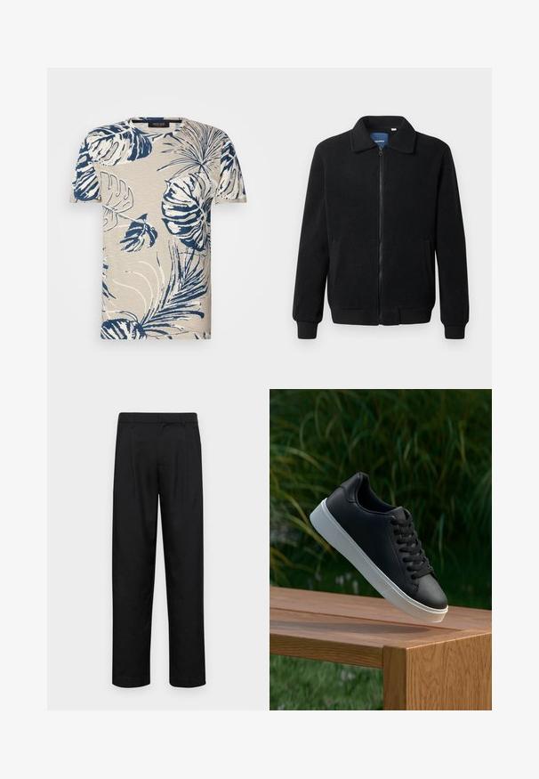 Schwarze Fleecejacke mit Reißverschluss, Stehkragen, gerippten Bündchen und seitlichen Taschen mit strukturiertem Oberflächenmaterial.; Beige T-Shirt mit kurzen Ärmeln und einem marineblauen tropischen Blattmuster, verfügt über einen Rundhalsausschnitt und eine strukturierte Stoffoptik.; Schwarze Hose aus glattem Stoff, mit geradem Bein Design, zwei vorderen Falten und einem Standardbund mit Gürtelschlaufen.; Schwarze Leder-Sneaker mit glatter Oberfläche, weißer Gummisohle und sechs Ösen für Schnürsenkel, auf einer Holzfläche präsentiert.
