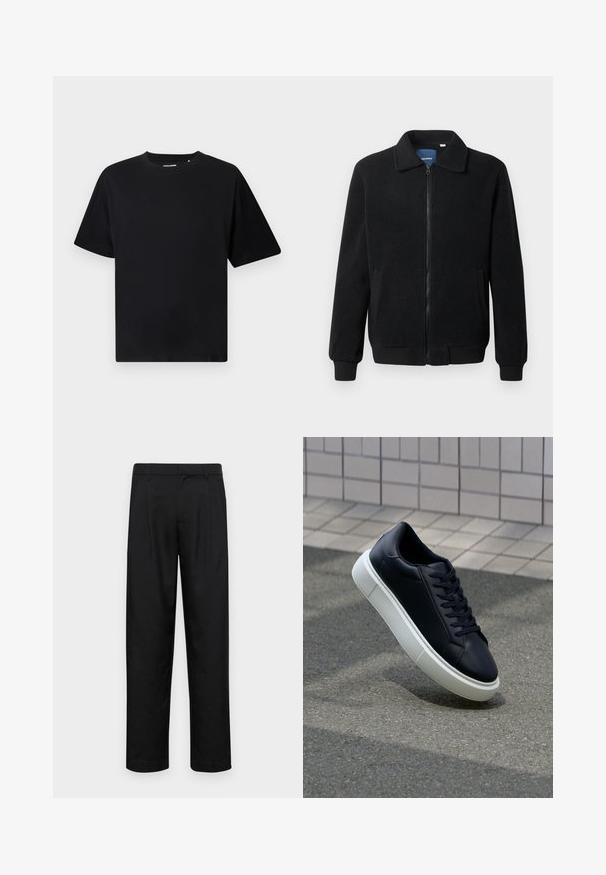 Musternahk fleece-jakk musternahaga, tõmblukk, seisev kaelus, soonikkoes varrukad ja küljetaskud tekstuurse pinnaga.; Mustame lühikeste varrukatega ümar kaelusega T-särk, millel on mugav lõige, esitletud valgel taustal.; Mustad mustadest riietest, millel on sirge jalgade disain, kaks eesmist voltimist ja tavaline vöökoht, millel on vöökohad.; Mustast nahast tennisetoss, millel on ümar nina ja valge kummist tall. Omab siredaid paelu ja minimaalset õmblemist ülemises osas. Tekstuuriga tald, mis tagab haakuvuse.