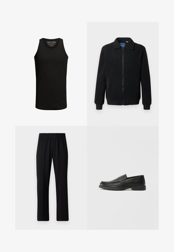 Giacca in pile nera con chiusura zip, colletto alto, polsini a coste e tasche laterali con superficie strutturata.; Canotta nera realizzata in tessuto misto cotone, con un classico colletto tondo e design senza maniche. Texture semplice senza motivi o dettagli.; Pantaloni neri con vita elasticizzata e design a gamba dritta, caratterizzati da una texture liscia e senza motivi o hardware visibili.; Mocassini neri in pelle con una finitura liscia, parte superiore in stile mocassino, dettagli cuciti e suola in gomma. Design classico con tacco basso.