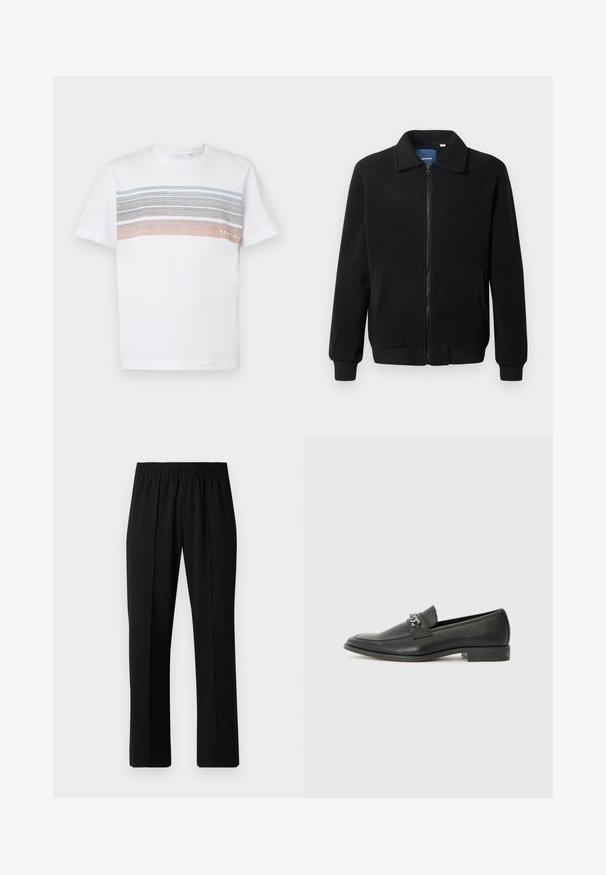 Sort fleecejakke med lynlås, opretstående krave, ribbede manchetter og sidelommer med en tekstureret overflade.; Hvid kortærmet t-shirt med horisontale striber i lyseblå, grå og orange. Designet med en standard pasform og ribkantet halsudskæring.; Sorte bukser med elastisk talje og lige ben, der har en glat tekstur og ingen synlige mønstre eller hardware.; Sorte læder loafers med en glat finish, der har et syet design og et dekorativt metal kædeaccent hen over vamps. Flad hæl.