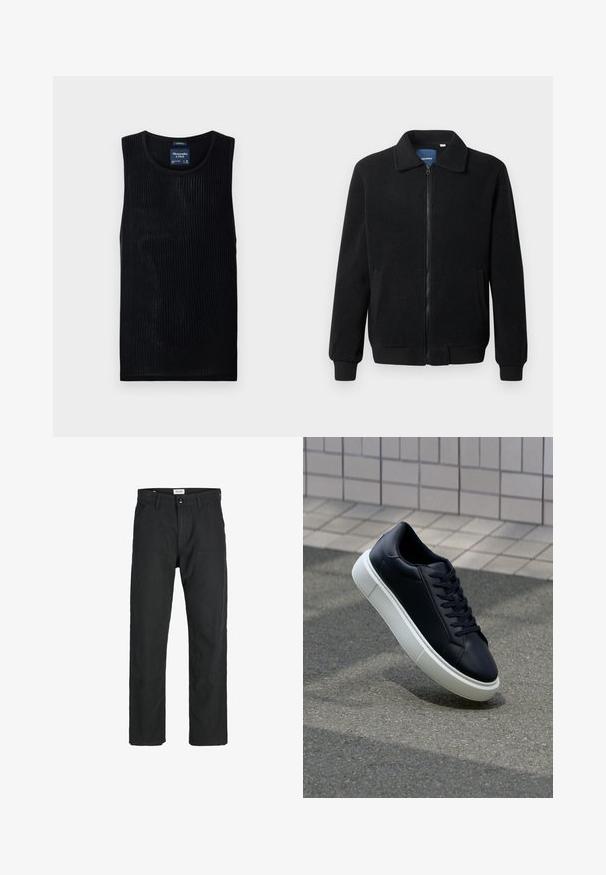 Čierna flísová bunda s uzáverom na zips, stojatým golierom, rebrovanými manžetami a bočnými vreckami s textúrovaným povrchom.; Čierny rebrovaný tielko s okrúhlym výstrihom a skráteným strihom. Vyrobené z ľahkej látky, s jemnou textúrou a bez ozdobných prvkov.; Čierne nohavice vyrobené z odolného materiálu, s rovnými nohavicami, prešitými detailmi a dvoma prednými vreckami pre väčšiu funkčnosť.; Čierne kožené tenisky s okrúhlou špičkou a bielou gumovou podrážkou. Majú ploché šnúrky a minimálne šitie na vrchu. Textúrovaná podrážka pre lepšiu priľnavosť.