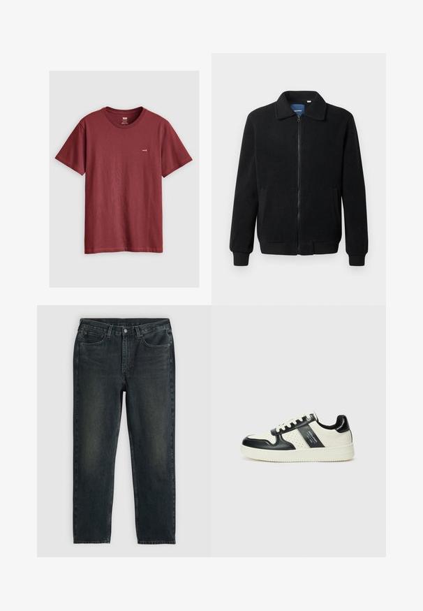 Juodas fliso džemperis su užtrauktuku, stovinčia apykakle, gumuotais rankogaliais ir šoninėmis kišenėmis, turinčiomis tekstūruotą paviršių.; Bordo trumpa rankovėmis marškinėliai, pagaminti iš medvilnės; turi apvalią apykaklę ir mažą logotipo etiketę kairiajame krūtinės šone. Glotni tekstūra.; Tamsiai mėlynos džinsinės kelnės su tiesiu kirpimu, turinčios penkias kišenes, užtrauktuką ir kontrastingas siūles. Audinys šiek tiek nublukęs.; Odiniai sportbačiai juodos ir kreminės spalvų schemoje, su perforuotais akcentais, paminkštinta apykakle ir tekstūruotu padu.