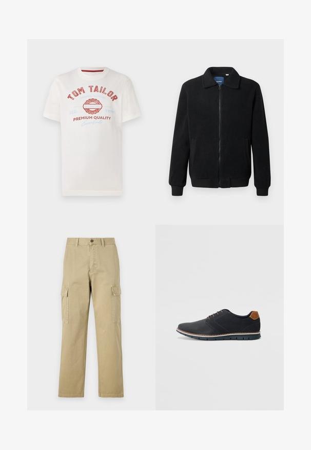 Black fleece jacket featuring a zip closure, stand collar, ribbed cuffs, and side pockets with a textured surface.; White cotton t-shirt featuring red and blue print with "TOM TAILOR," a circular logo, and text "PREMIUM QUALITY" in various fonts.; Beige cargo pants made of cotton, featuring two side pockets, a button closure, and straight legs with a slightly textured fabric.; Black synthetic shoes with a textured upper, smooth accents, brown heel, and a contrasting sole. Features minimal lacing and stitch details.