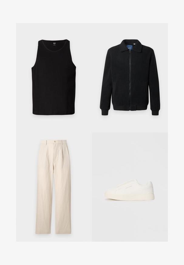 Musternahk fleece-jakk musternahaga, tõmblukk, seisev kaelus, soonikkoes varrukad ja küljetaskud tekstuurse pinnaga.; Musta ribadega tank top laiade õlavarreauku ja ümarate kaelustega. Omab sujuvat kangatekstuuri ja diskreetset logo ees.; Beezid linane püksid, millel on vabalt langev lõige, lamedad eesmine osa, ühe nupu sulgemine ja kaks taskut. Kortsuline tekstuur lisab detaili.; Valged libisemiskindlad tossud tekstuuriga pinnaga, paksu tallaga ja minimalistikus disainis. Küljel on brändi logo.