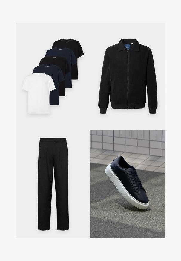 Schwarze Fleecejacke mit Reißverschluss, Stehkragen, gerippten Bündchen und seitlichen Taschen mit strukturiertem Oberflächenmaterial.; Fünf schlichte Kurzarm-Crew-Neck-T-Shirts in wechselnden Schwarz-, Marineblau- und Weißtönen, in einem versetzten Stapel auf einem weißen Hintergrund angeordnet.; Schwarze Hose aus glattem Stoff, mit geradem Bein Design, zwei vorderen Falten und einem Standardbund mit Gürtelschlaufen.; Schwarze Leder-Sneaker mit runder Zehenpartie und weißer Gummisohle. Verfügt über flache Schnürsenkel und minimale Nähte im Obermaterial. Strukturiertes Sohlenprofil für besseren Halt.