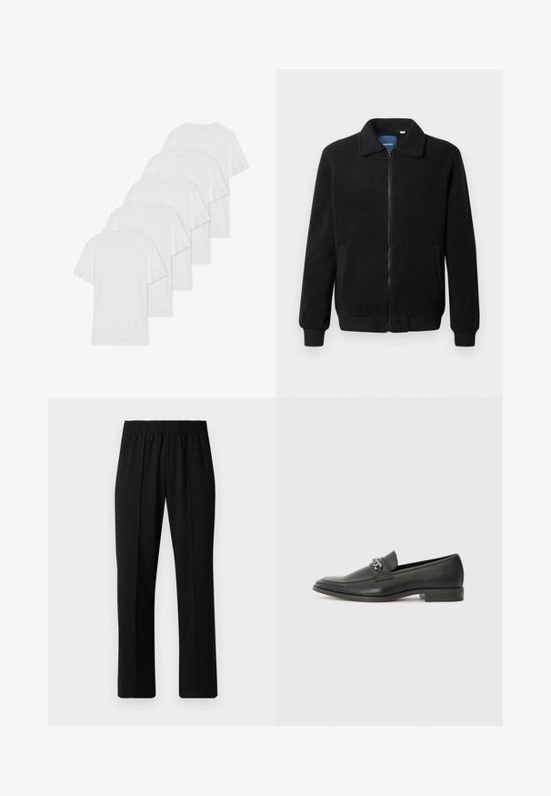 Schwarze Fleecejacke mit Reißverschluss, Stehkragen, gerippten Bündchen und seitlichen Taschen mit strukturiertem Oberflächenmaterial.; Sechs weiße Baumwoll-T-Shirts mit kurzen Ärmeln und Rundhalsausschnitten, die in einer Reihe angeordnet sind. Sie haben eine glatte Textur und keine sichtbaren Muster.; Schwarze, Gummibund-Hosen mit geradem Schnitt, die eine glatte Textur aufweisen und keine sichtbaren Muster oder Beschläge haben.; Schwarzer Lederloafer mit glatter Oberfläche, ausgestattet mit einer gesteppten Gestaltung und einem dekorativen Metallkettendetail über dem Vorderblatt. Flacher Absatz.