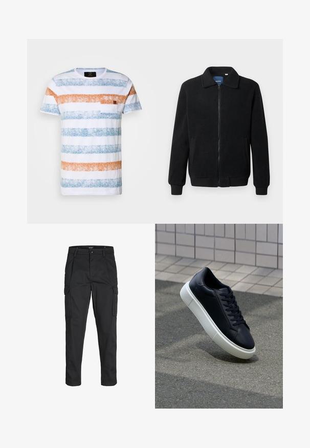 Black fleece jacket featuring a zip closure, stand collar, ribbed cuffs, and side pockets with a textured surface.; White short-sleeve t-shirt featuring bold blue and orange horizontal stripes, a textured fabric, and a small pocket on the left chest.; Black cargo pants made of sturdy fabric, featuring multiple pockets, a button closure, and a slim fit design with tapered legs.; Black leather sneaker with rounded toe and white rubber sole. Features flat laces and minimal stitching on the upper. Textured sole for grip.
