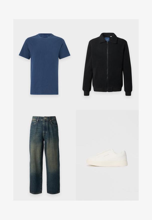 Μαύρο φλις μπουφάν με κλείσιμο με φερμουάρ, όρθιο γιακά, λαστιχένια μανίκια και πλάγιες τσέπες με υφή.; Ναυτικό μπλε βαμβακερή μπλούζα με στρογγυλή λαιμόκοψη, κοντά μανίκια και ευθεία γραμμή. Λείος υφάσματος, χωρίς ορατά σχέδια ή διακοσμήσεις.; Μπλε τζιν παντελόνι με ίσια γραμμή, με φθαρμένο σχέδιο και πιο ανοιχτές αποχρώσεις προς το στρίφωμα, πέντε τσέπες και κλείσιμο με κουμπί.; Λευκά slip-on παπούτσια με υφή, παχύ πάτο και μινιμαλιστικό σχέδιο. Φέρει το λογότυπο της μάρκας στο πλάι.